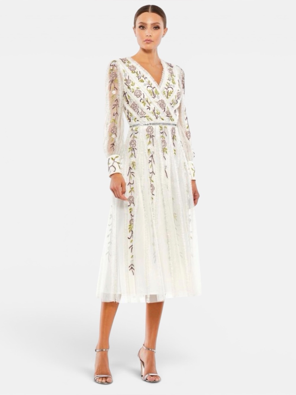 NWT MAC DUGGAL 9133 Hand-Beaded Floral Long-Sleeve Midi Dress, Sz 2, IvoryMulti